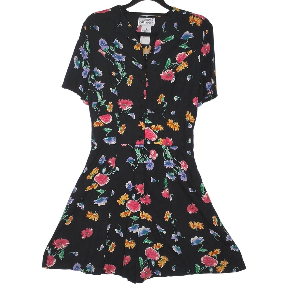 Access Vintage Floral Romper Shorts Women Small Black Short Sleeve Button Front